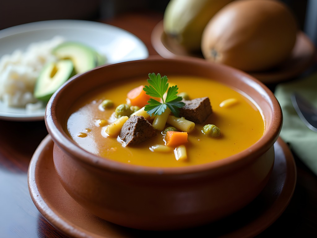 Traditional Haitian soup joumou served in a rustic bowl with sides of rice and avocado
