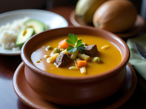 Traditional Haitian soup joumou served in a rustic bowl with sides of rice and avocado