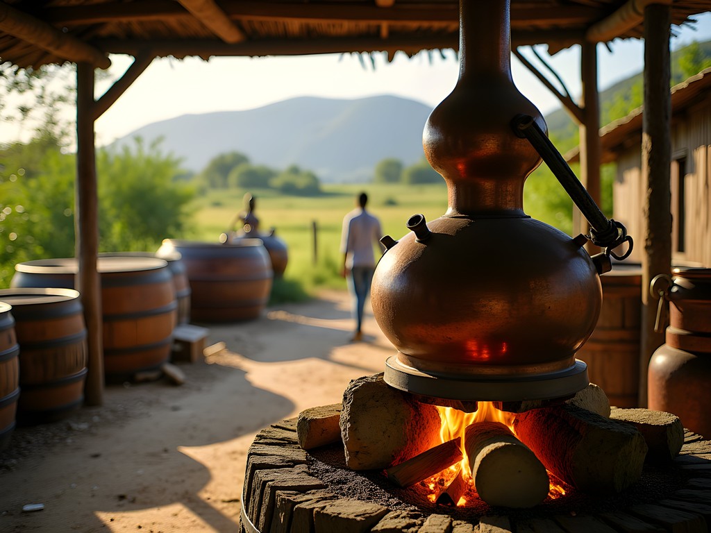 Traditional clairin distillation process with copper pot still over wood fire in rural Haiti