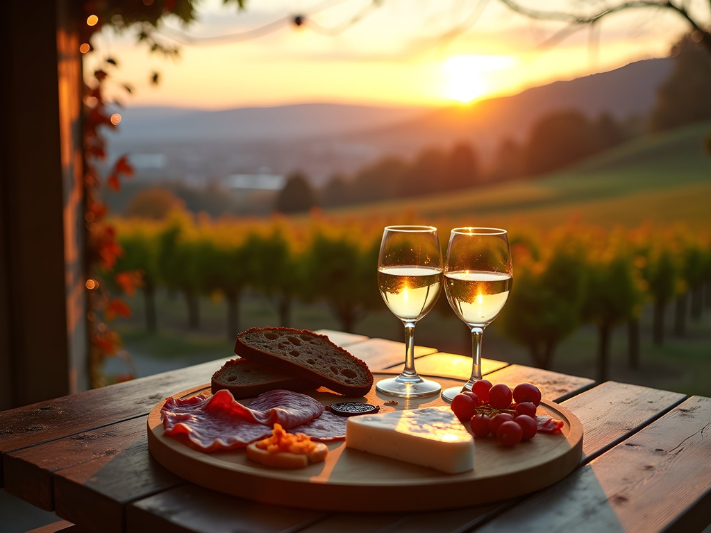 Sunset view from hillside Buschenschank with wine glasses, food platters and Graz cityscape in distance