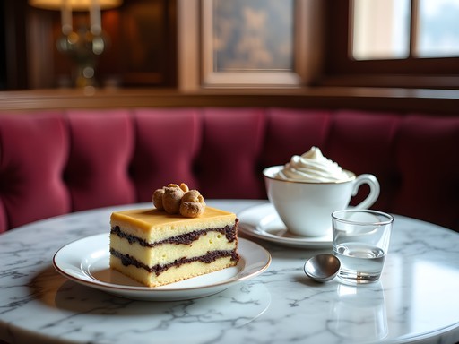 Traditional Styrian desserts and coffee in elegant Habsburg-era café setting in Graz