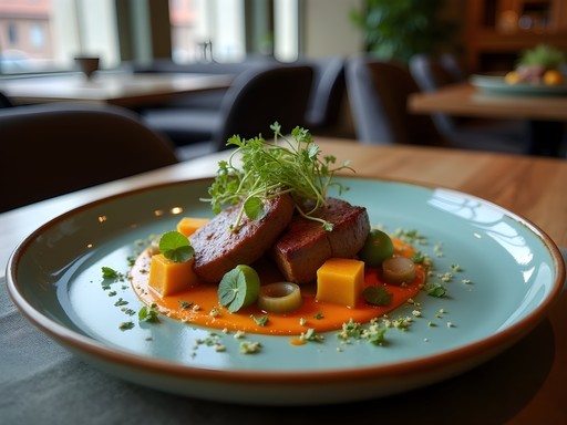 Elegant plated modern Styrian cuisine with traditional ingredients in contemporary presentation