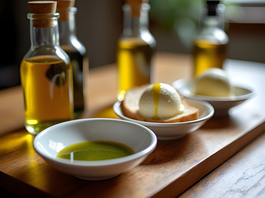 Pumpkin seed oil tasting with small dishes and dark green oil in elegant setting