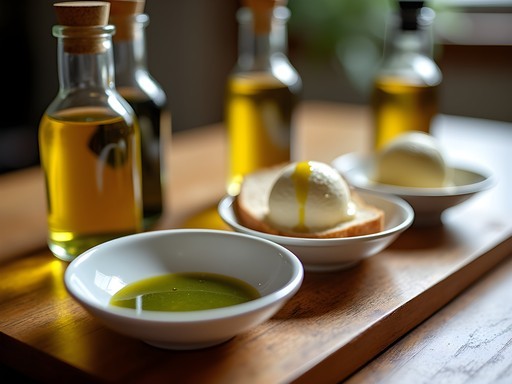 Pumpkin seed oil tasting with small dishes and dark green oil in elegant setting