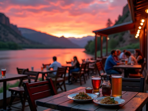 Outdoor dining patio at The Overlook restaurant with sunset view over Green River, Wyoming