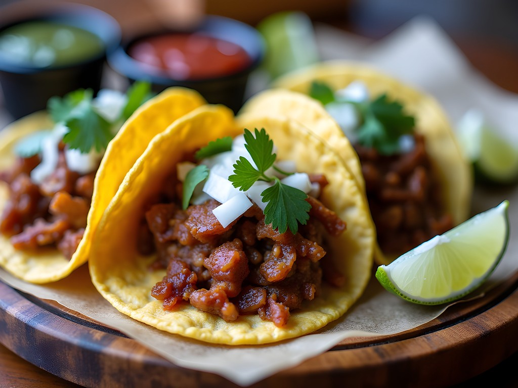 Authentic al pastor tacos on handmade corn tortillas from Taqueria El Ranchito in Green River, Wyoming