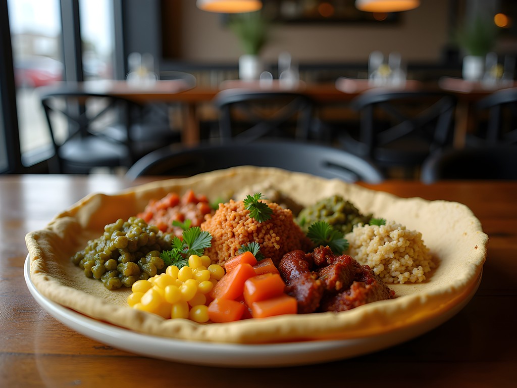Ethiopian-Nebraskan fusion cuisine featuring injera made with locally-grown teff at Injera House restaurant
