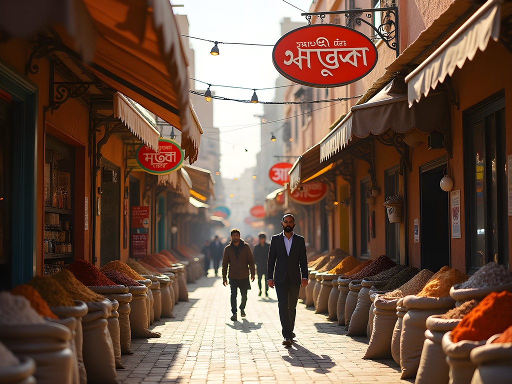 Colorful street scene in Hawalli Indian Quarter with restaurants and spice shops in Kuwait