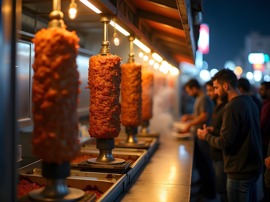 Busy shawarma restaurant on Tunis Street in Hawalli Kuwait at night with rotating meat spits