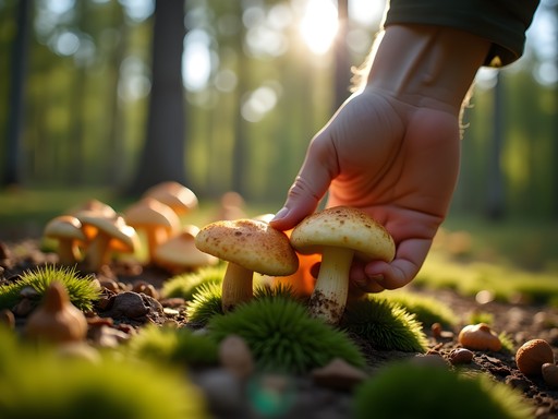 Hand carefully harvesting wild chanterelle mushrooms in Helsinki's Central Park forest