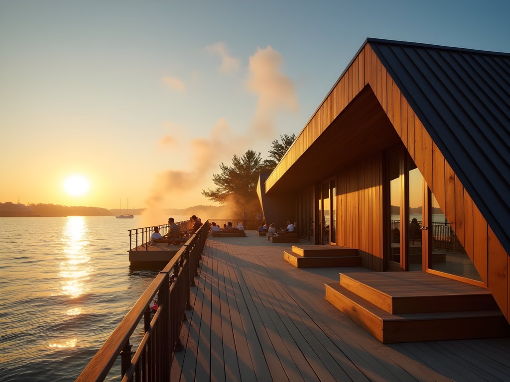 Modern wooden Löyly sauna complex on Helsinki waterfront at sunset with Baltic Sea views
