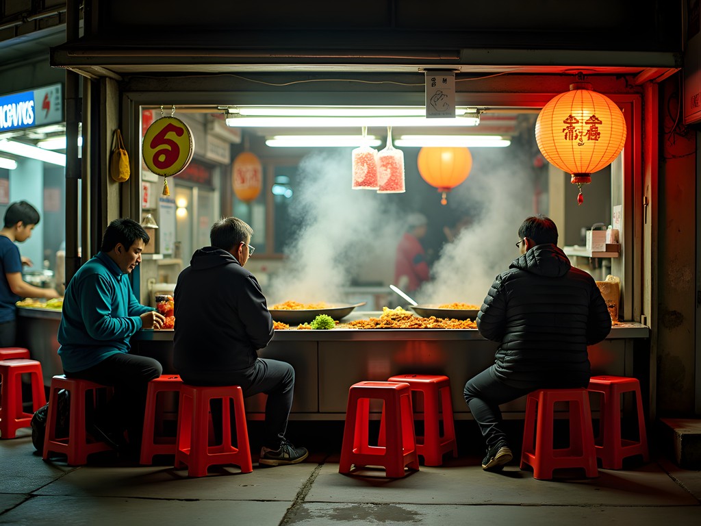 Business traveler enjoying street food at a bustling dai pai dong in Hong Kong