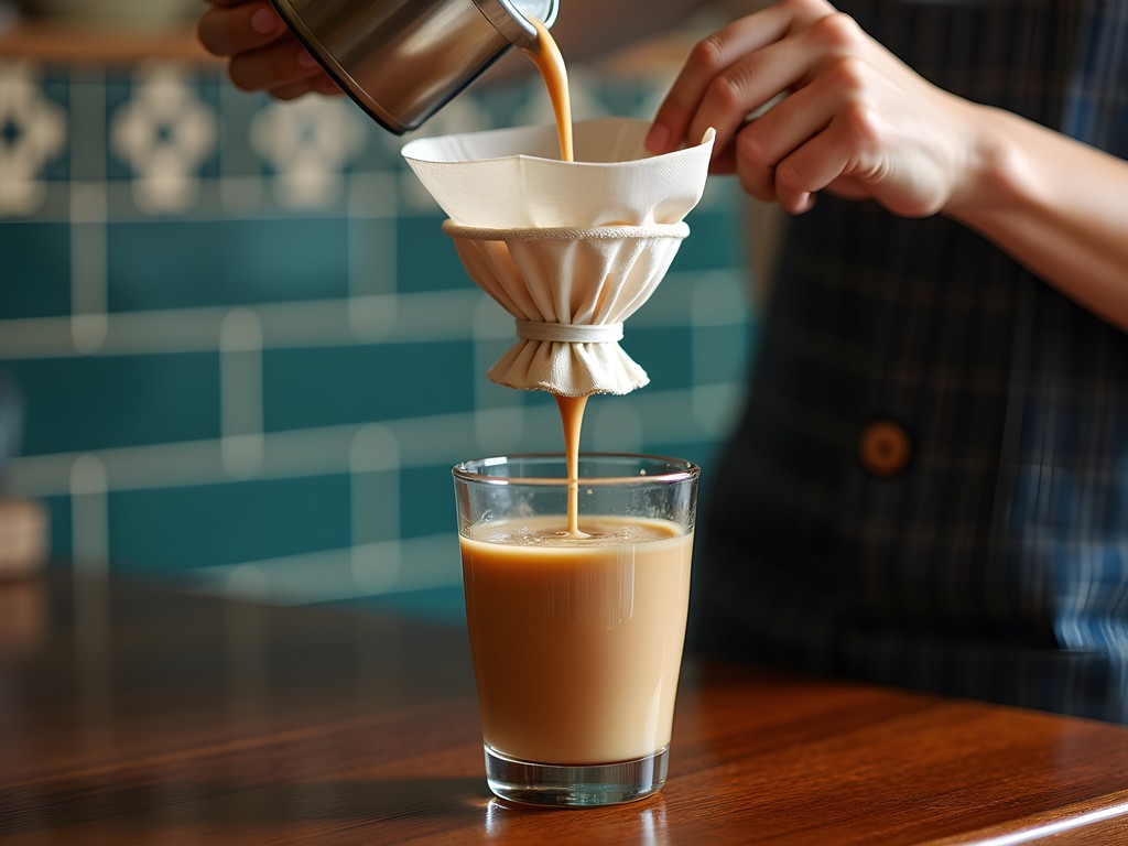 Traditional Hong Kong-style milk tea being poured through a cloth filter