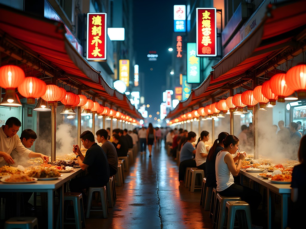 Vibrant food stalls at Temple Street Night Market in Hong Kong