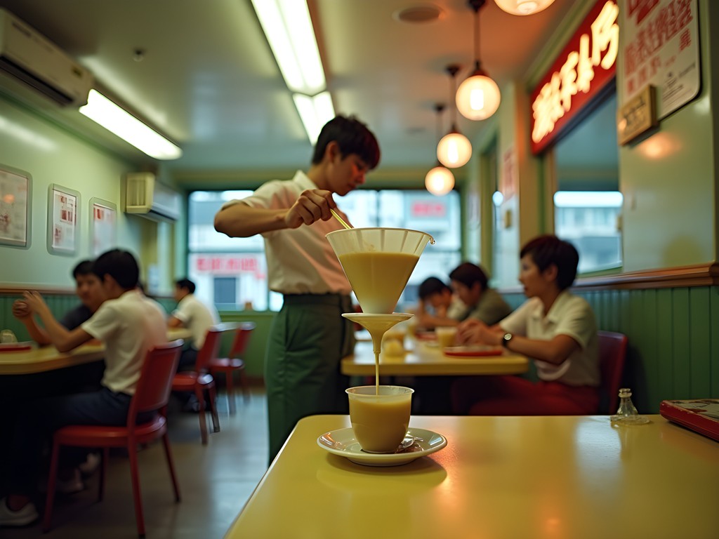 Traditional Hong Kong milk tea being poured through a silk stocking filter in a busy cha chaan teng