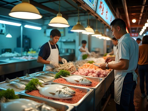 Vibrant seafood section of a traditional Hong Kong wet market with fresh catches and local shoppers