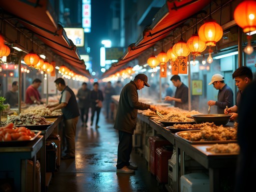 Vibrant seafood stalls at Temple Street Night Market with fresh catches and chefs cooking outdoors