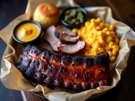 Overhead view of a Southern BBQ platter with ribs, pulled pork, brisket, and traditional sides