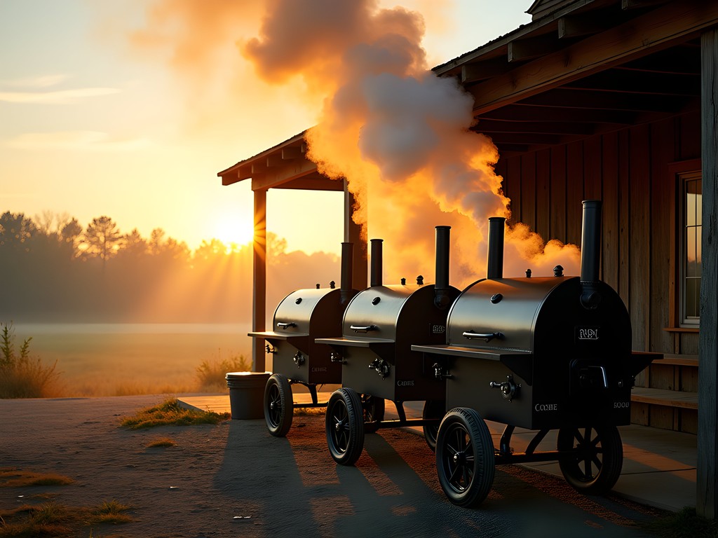 Traditional BBQ smokers billowing with early morning smoke in Horn Lake, Mississippi