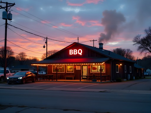 Exterior of a charming BBQ restaurant in Horn Lake at sunset with neon signs and smokers