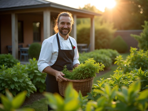 Chef harvesting fresh herbs from Coltivare's restaurant garden in Houston