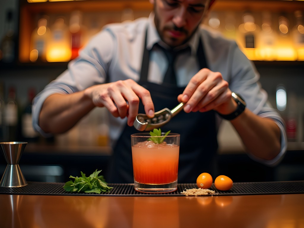 Bartender preparing craft cocktail at upscale Houston bar with local ingredients
