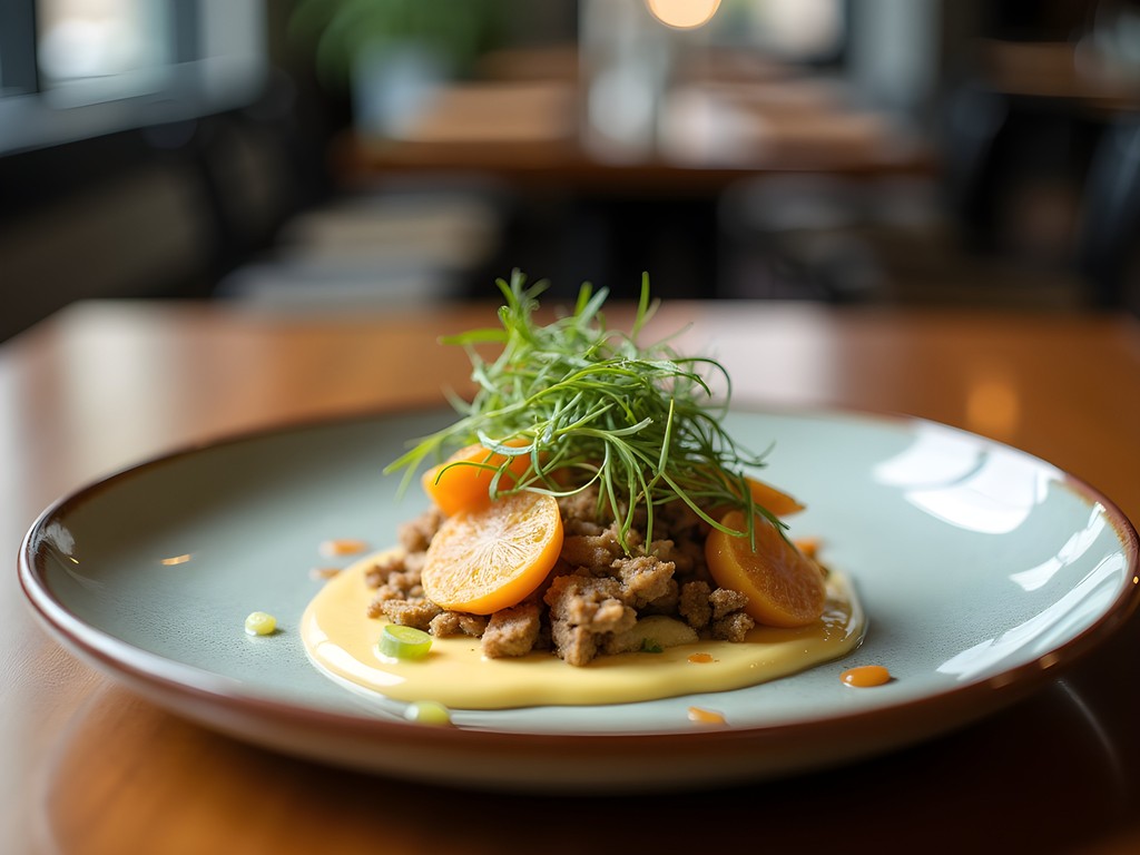 Elegantly plated dish at a Houston fine dining restaurant showing local ingredients and artistic presentation