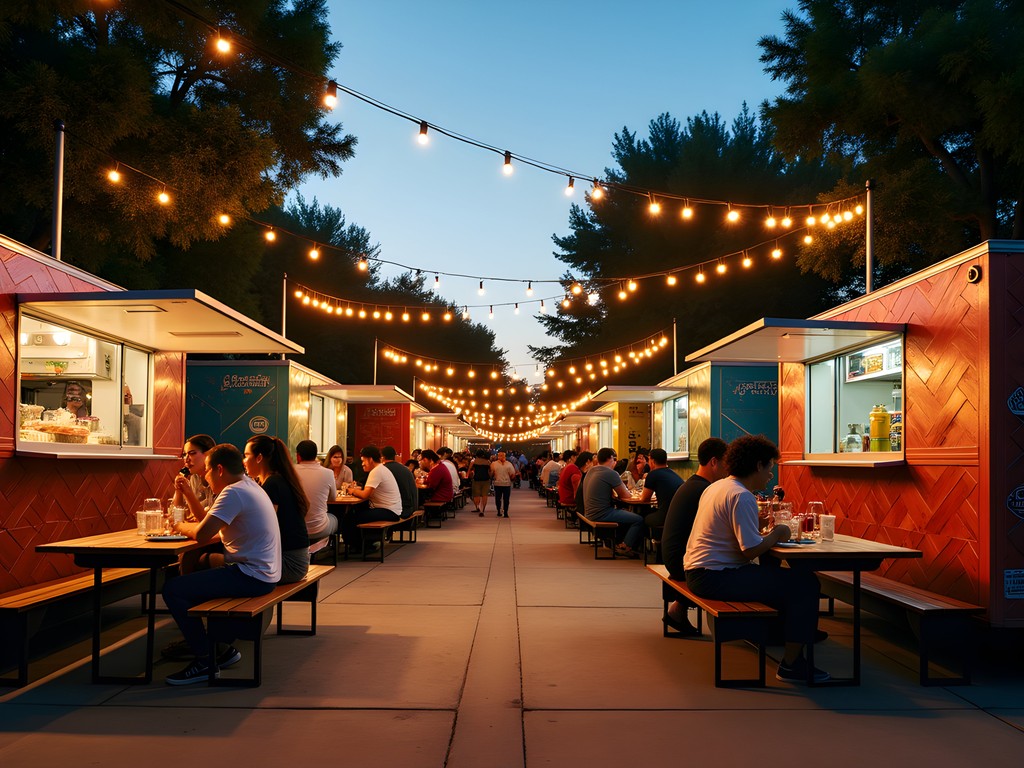 Vibrant evening scene at Houston food truck park with diverse dining options