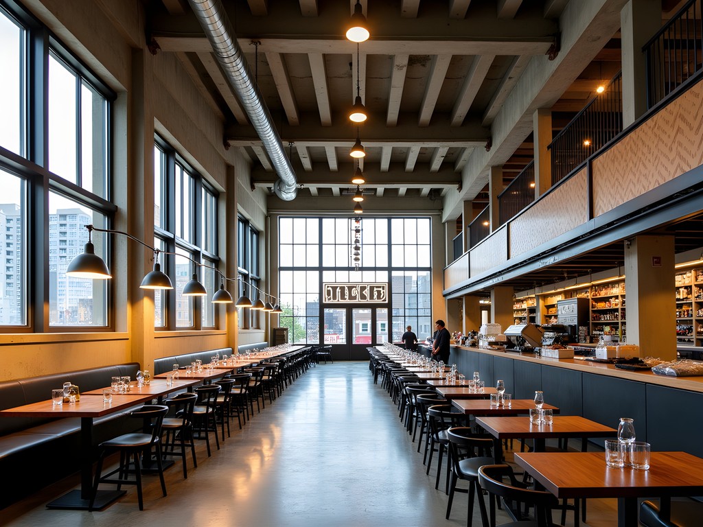 Interior architecture of POST Houston food hall showing preserved industrial elements and diverse food vendors