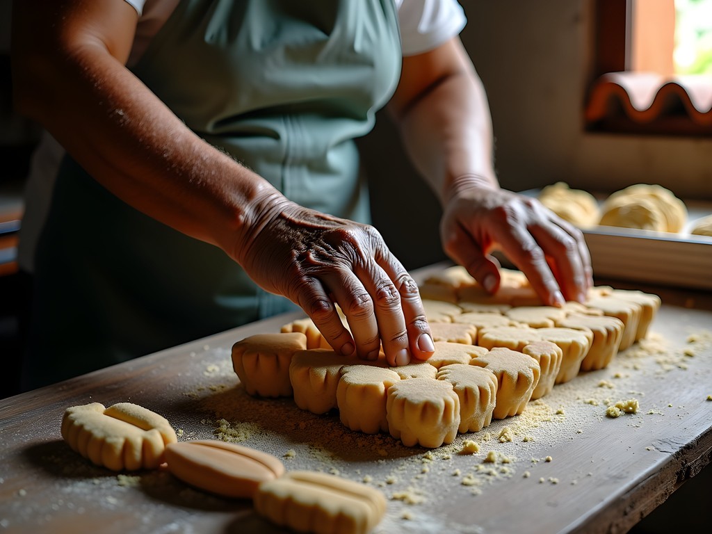 Traditional achira biscuit preparation in wooden molds in Ibagué, Colombia