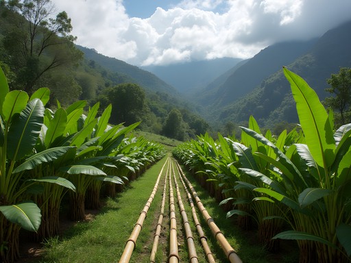 Intercropping system showing coffee plants growing alongside plantains and fruit trees on Tolima hillside