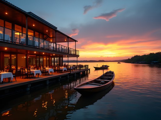 Sunset dining at a floating restaurant on the Amazon River in Iquitos
