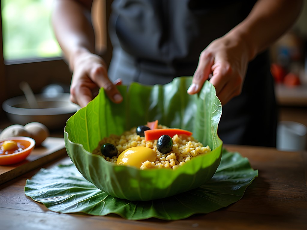 Traditional preparation of juane dish with bijao leaves in Iquitos