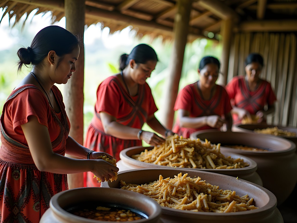 Traditional preparation of masato fermented beverage in Yagua community near Iquitos