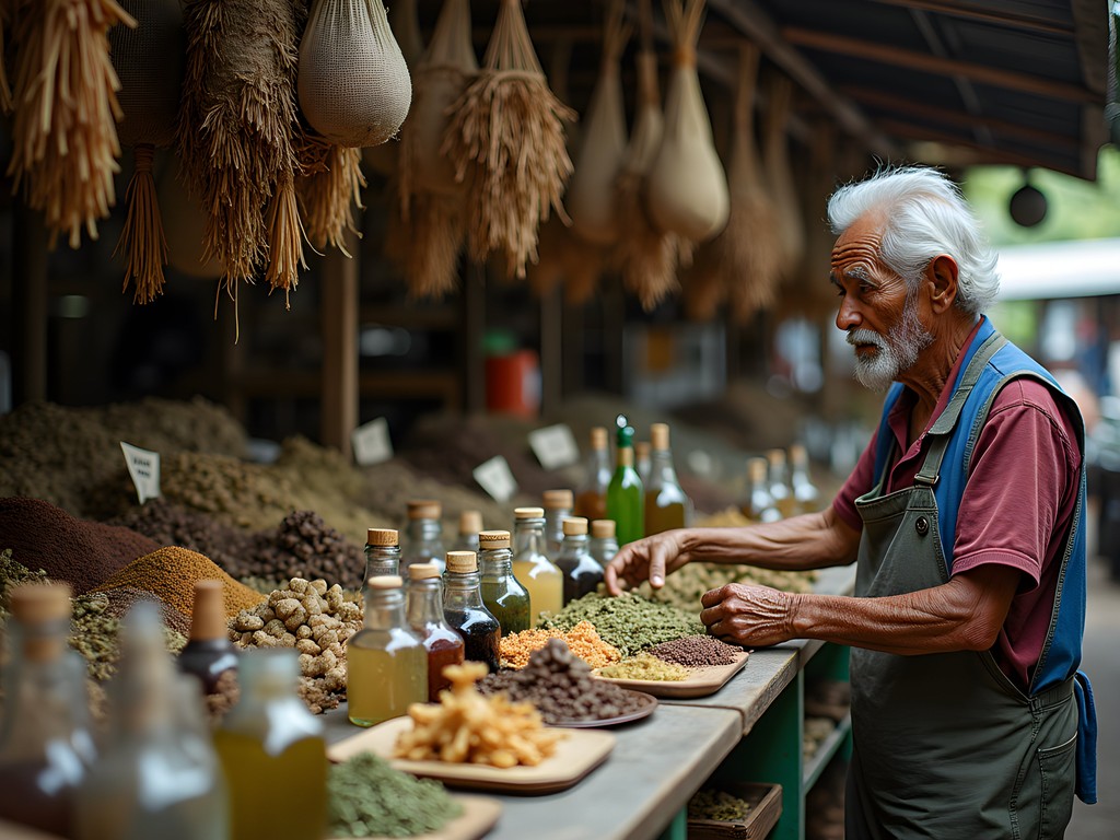 Display of traditional Amazonian medicinal plants and preparations at San Pedro Market