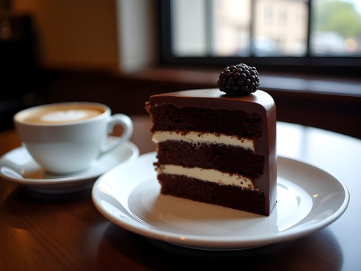 Elegant multi-layer cake slice and coffee at Biscottis in Jacksonville's Avondale neighborhood
