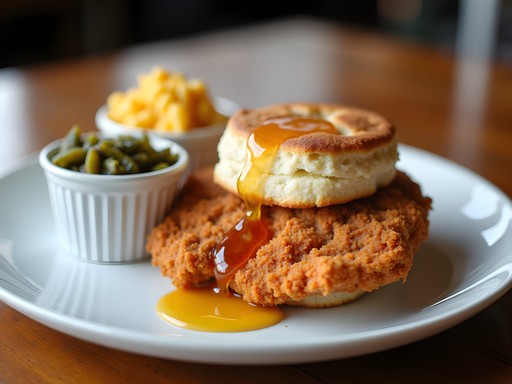 Modern Southern comfort food plate with fried chicken, biscuits and sides in Jacksonville restaurant