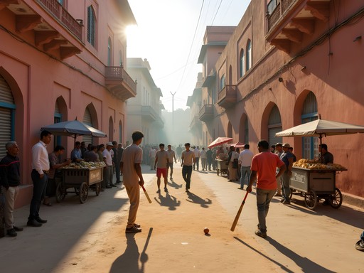 Street cricket match in Jaipur with food vendors and spectators enjoying local snacks