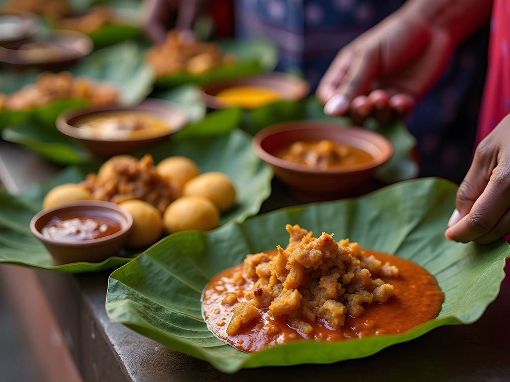 Traditional eco-friendly food packaging using leaf plates in Jaipur street food market