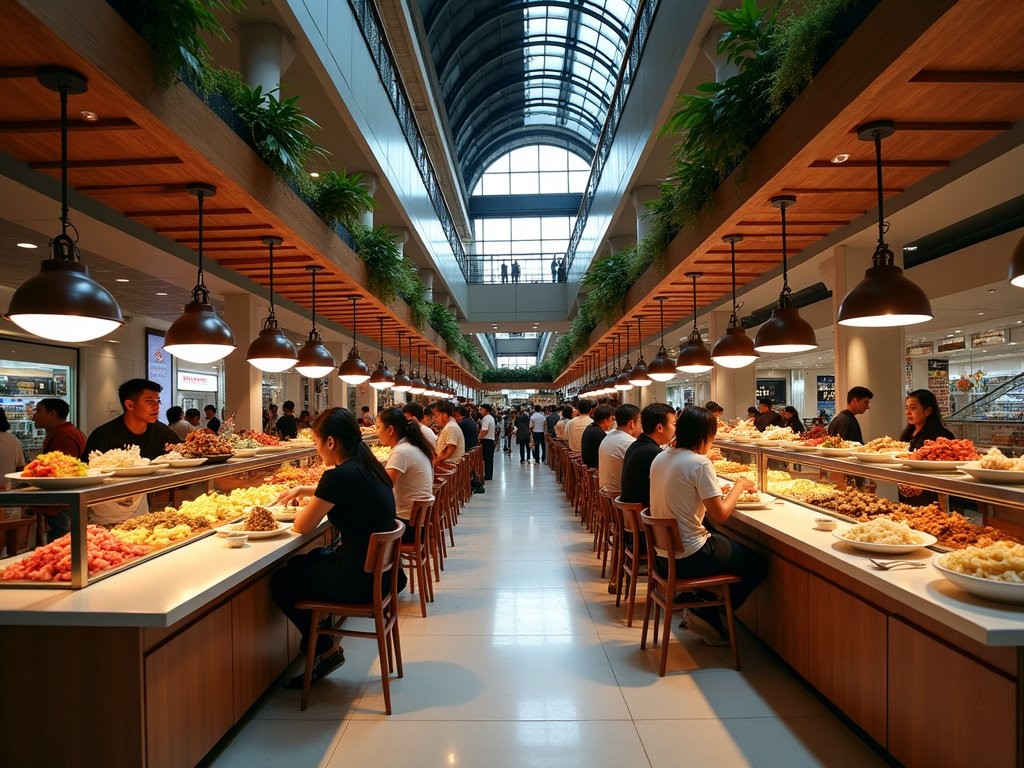 Bustling food court at Grand Indonesia mall with diverse Indonesian food stalls