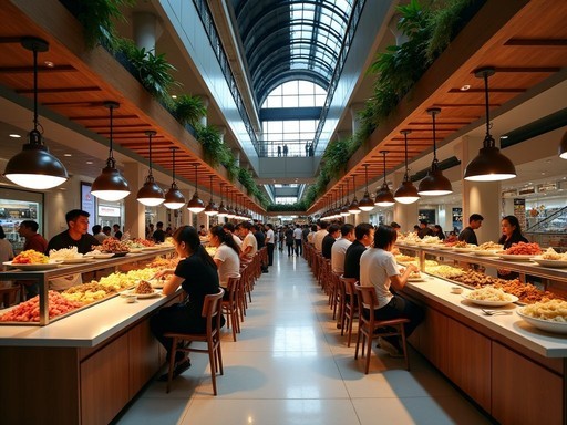 Bustling food court at Grand Indonesia mall with diverse Indonesian food stalls