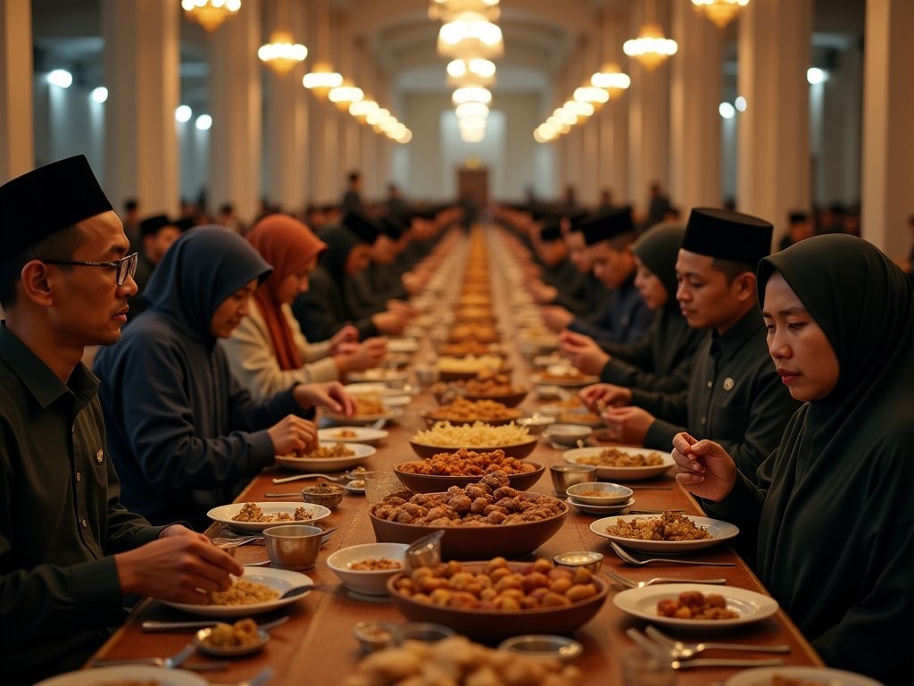 Community iftar meal breaking fast during Ramadan at Jakarta mosque