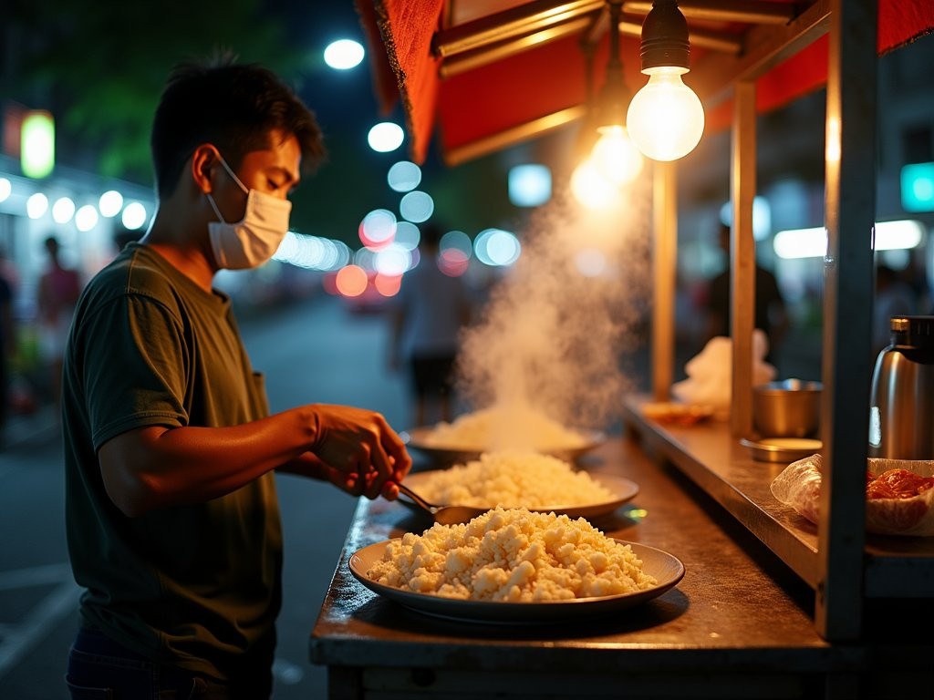 Jakarta street food vendor preparing kerak telor with traditional cooking methods