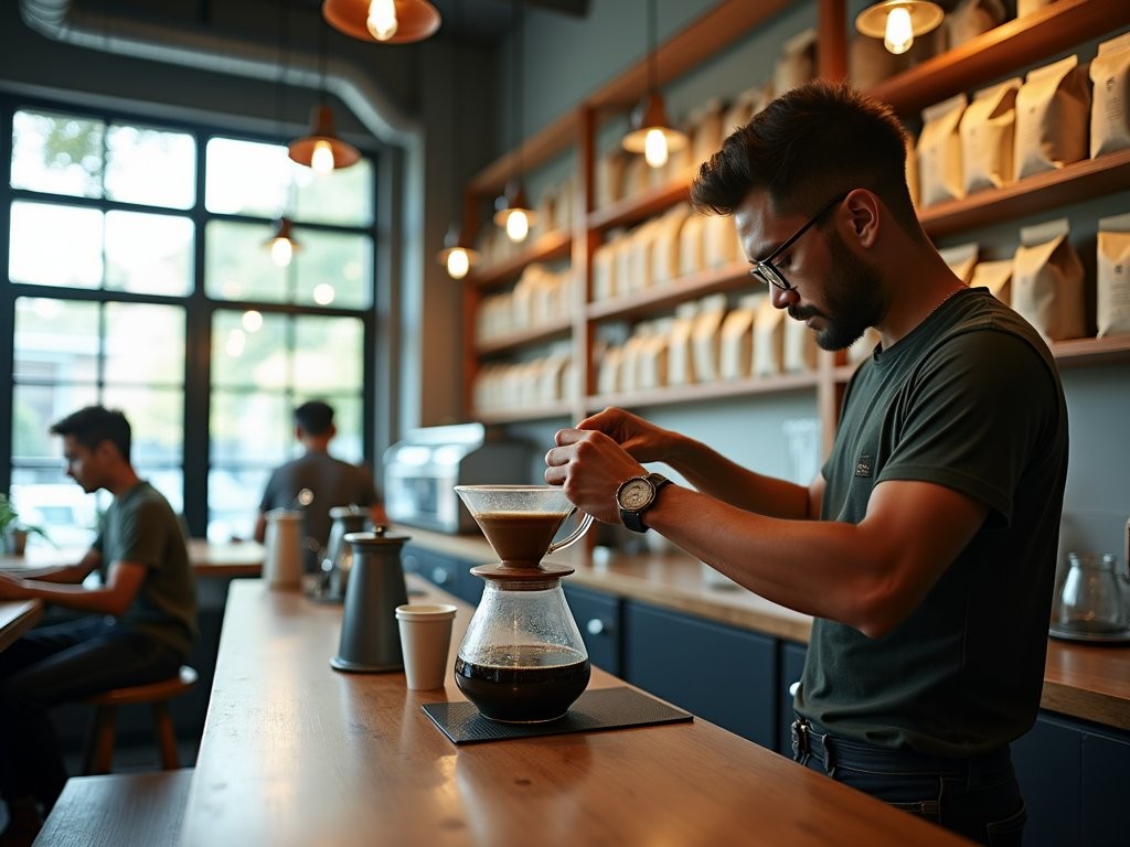 Modern Jakarta coffee shop with barista preparing pour-over coffee using local Indonesian beans