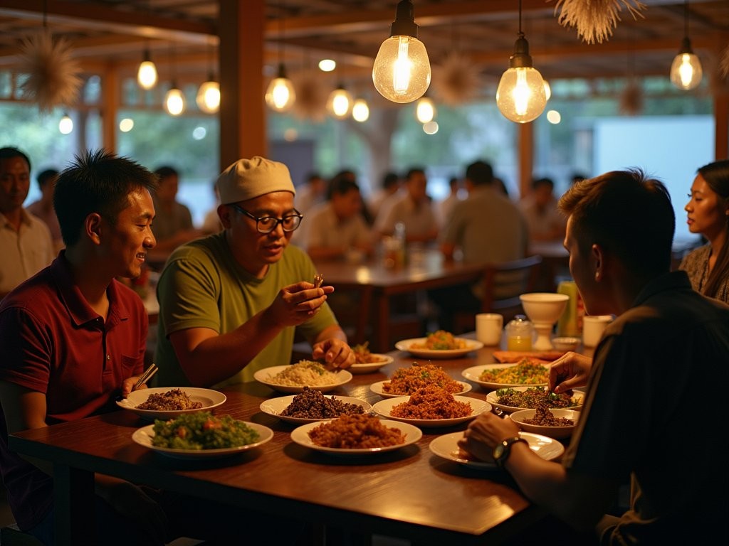 Authentic Jakarta warung with shared tables and multiple Indonesian dishes