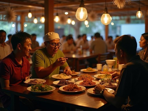 Authentic Jakarta warung with shared tables and multiple Indonesian dishes