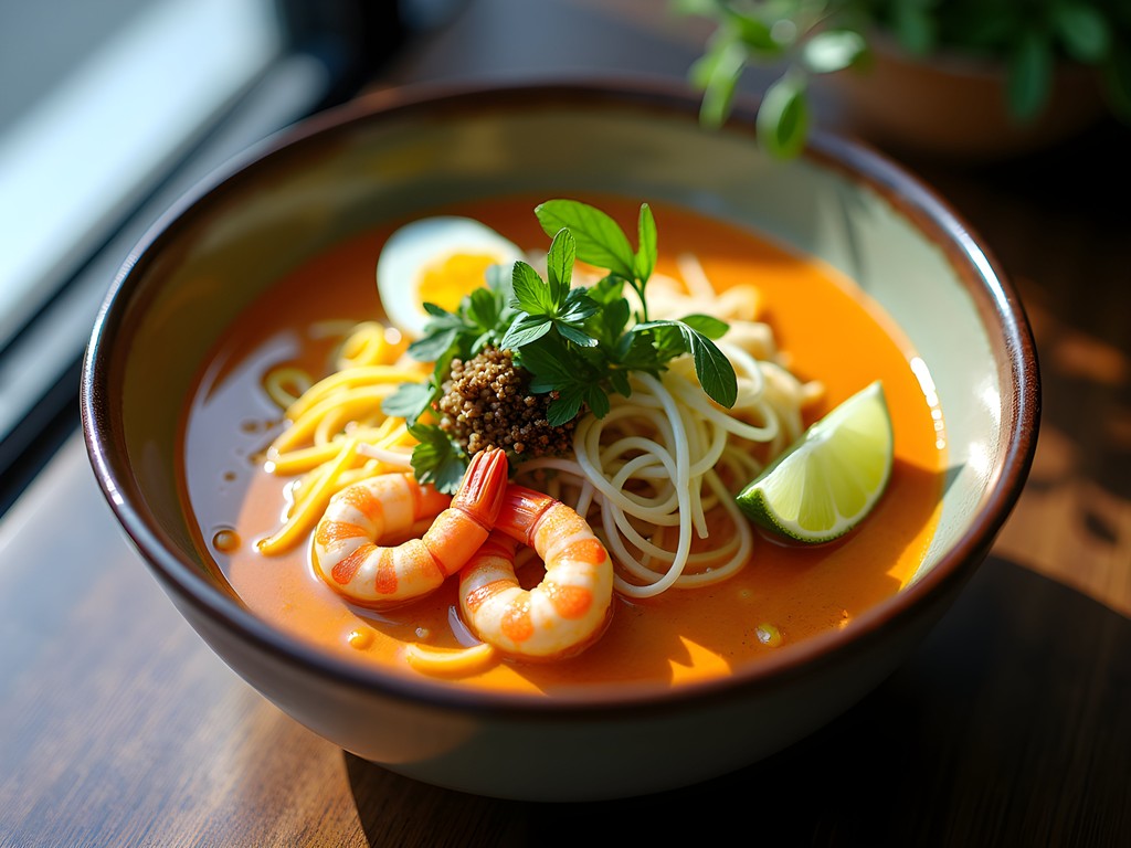 Traditional Chinese-Indonesian laksa soup with rice noodles and prawns
