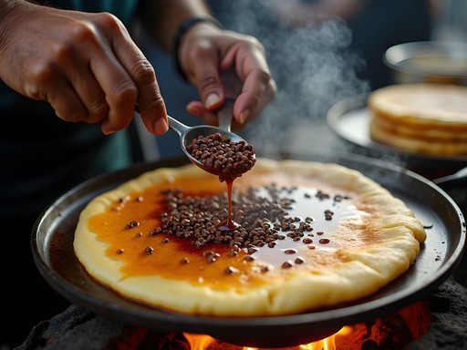 Jakarta street vendor preparing traditional martabak manis sweet pancake