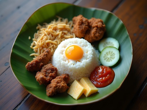 Traditional Jakarta nasi uduk breakfast with multiple side dishes