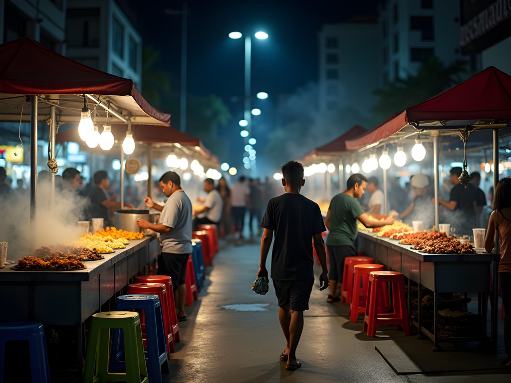 Bustling Jakarta night market with illuminated food stalls and local vendors